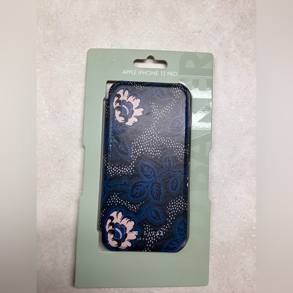 Ted Baker London Navy Blue Floral iPhone 13 Pro Case with Light Pink Accents